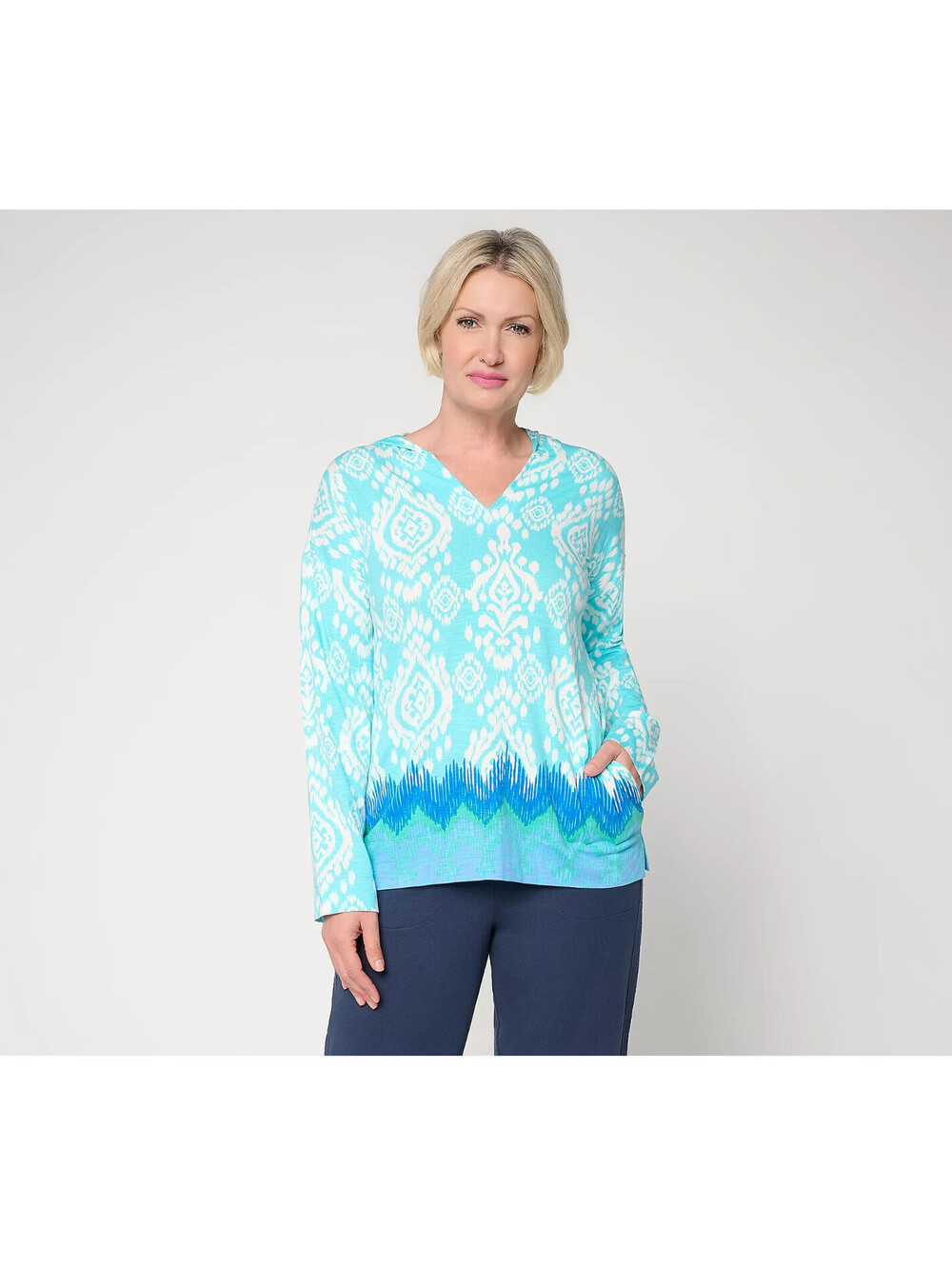Belle Beach by Kim Gravel Slub Knit Ocean Ikat Border Print Hoodie Blue, Large
